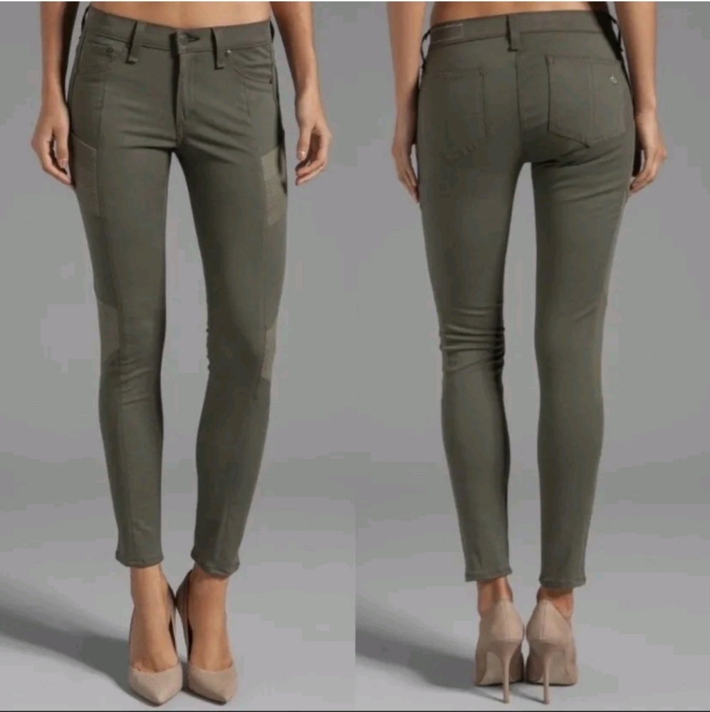 Rag & Bone Women'sHalifax Army Green Skinny Jeans Pant Genuine Leather Panels 28